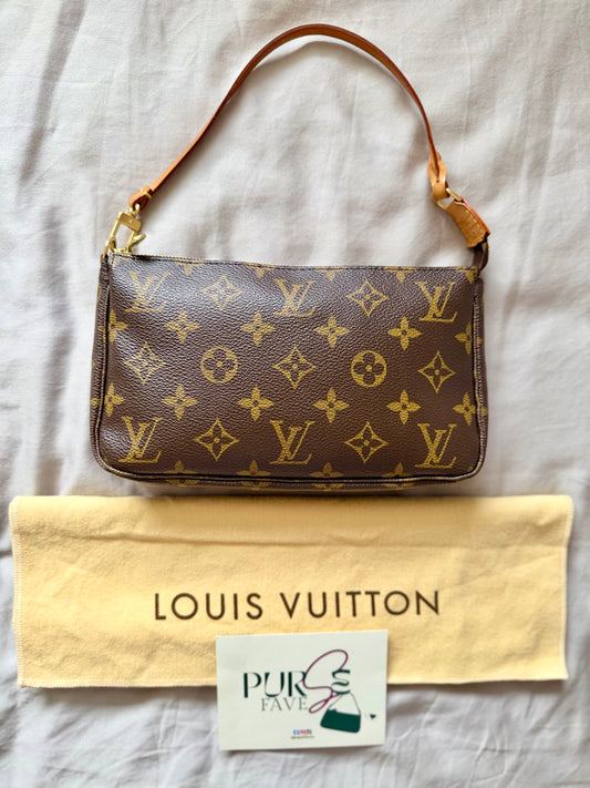 Authentic LOUIS VUITTON Pochette Accessoire Clutch Brown Monogram Canvas Leather Shoulder Bag
