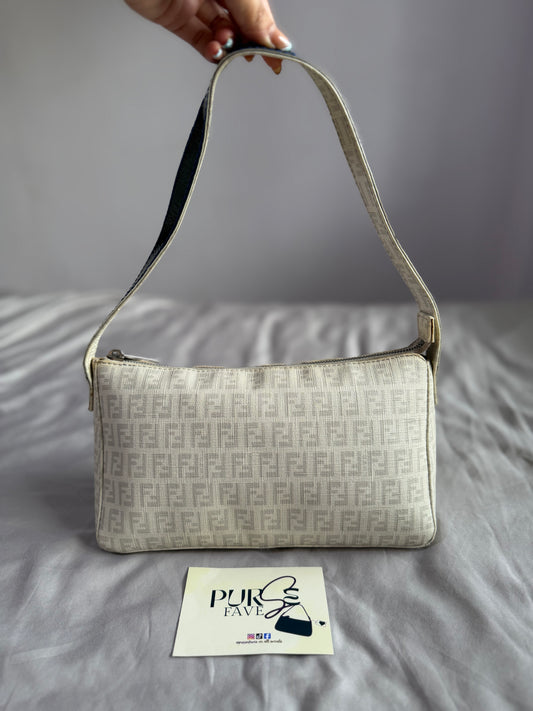 Authentic Vintage Fendi White Zucchino Coated Canvas East-West Shoulder Bag