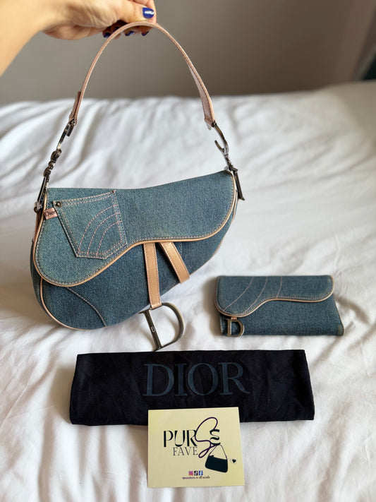 Authentic Vintage Christian Dior Light Blue Denim with Pocket Saddle Shoulder Bag