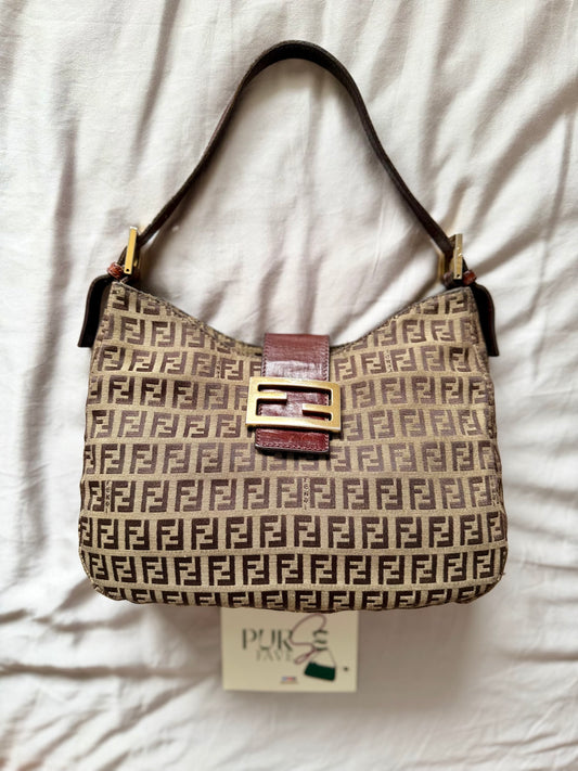 Authentic FENDI Beige / Brown Zucchino Canvas Hobo Trimmed Mamma Baguette Shoulder Bag