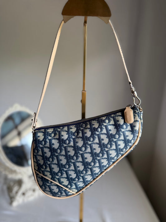Authentic Vintage CHRISTIAN DIOR Blue Canvas Mini Saddle Pochette Bag