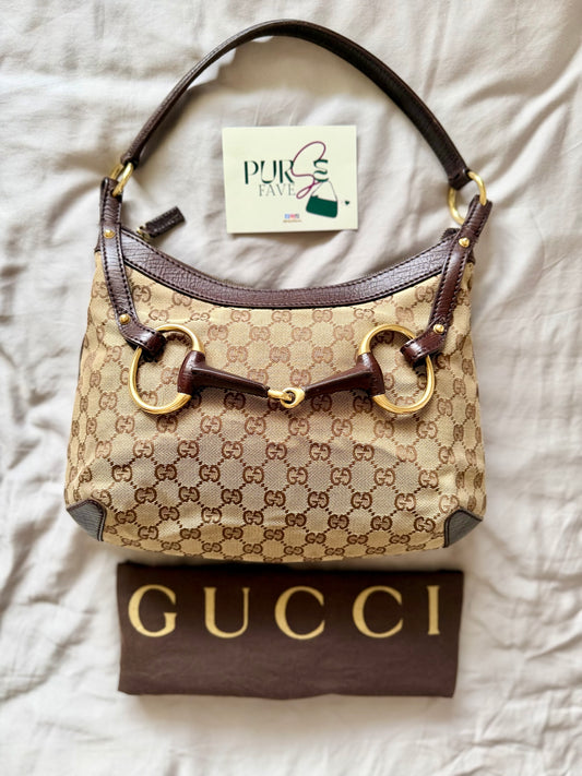 Authentic GUCCI Horsebit GG Canvas Brown Hobo Shoulder Bag