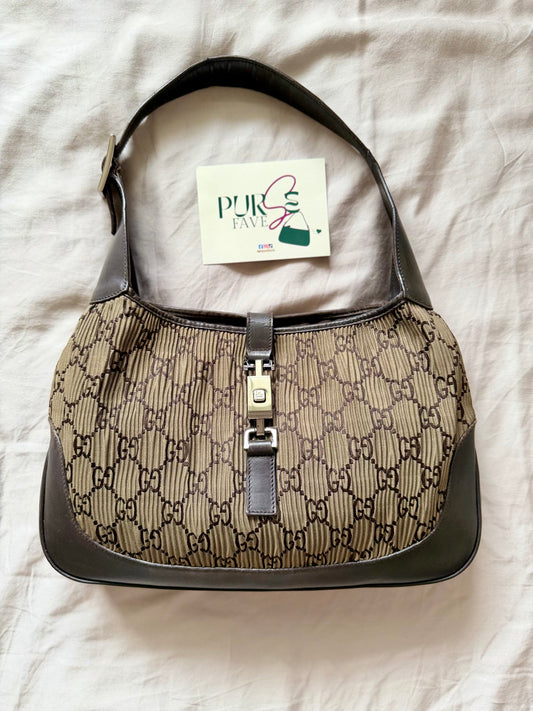 Authentic GUCCI Jackie Vintage Monogram Khaki x Dark Brown Satin Ruched / Pleated Hobo Shoulder Bag (Rare/Limited)