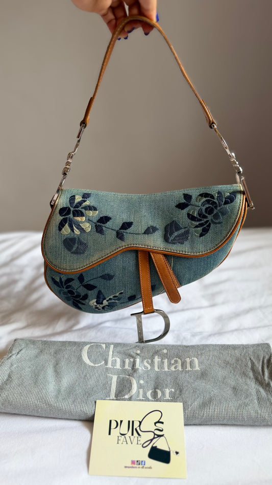 Authentic Vintage Christian Dior Light Blue Denim Saddle Shoulder Bag w/ Embroidered Floral & Butterfly Motifs