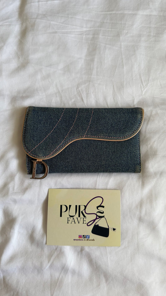 Authentic Vintage CHRISTIAN DIOR Blue Denim Saddle Trifold Wallet