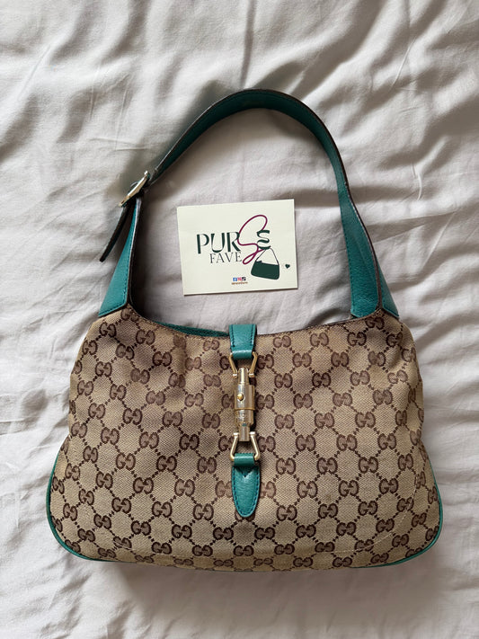 Authentic GUCCI Jackie 1961 Medium Beige GG Canvas x Teal Leather Trims Hobo Shoulder Bag