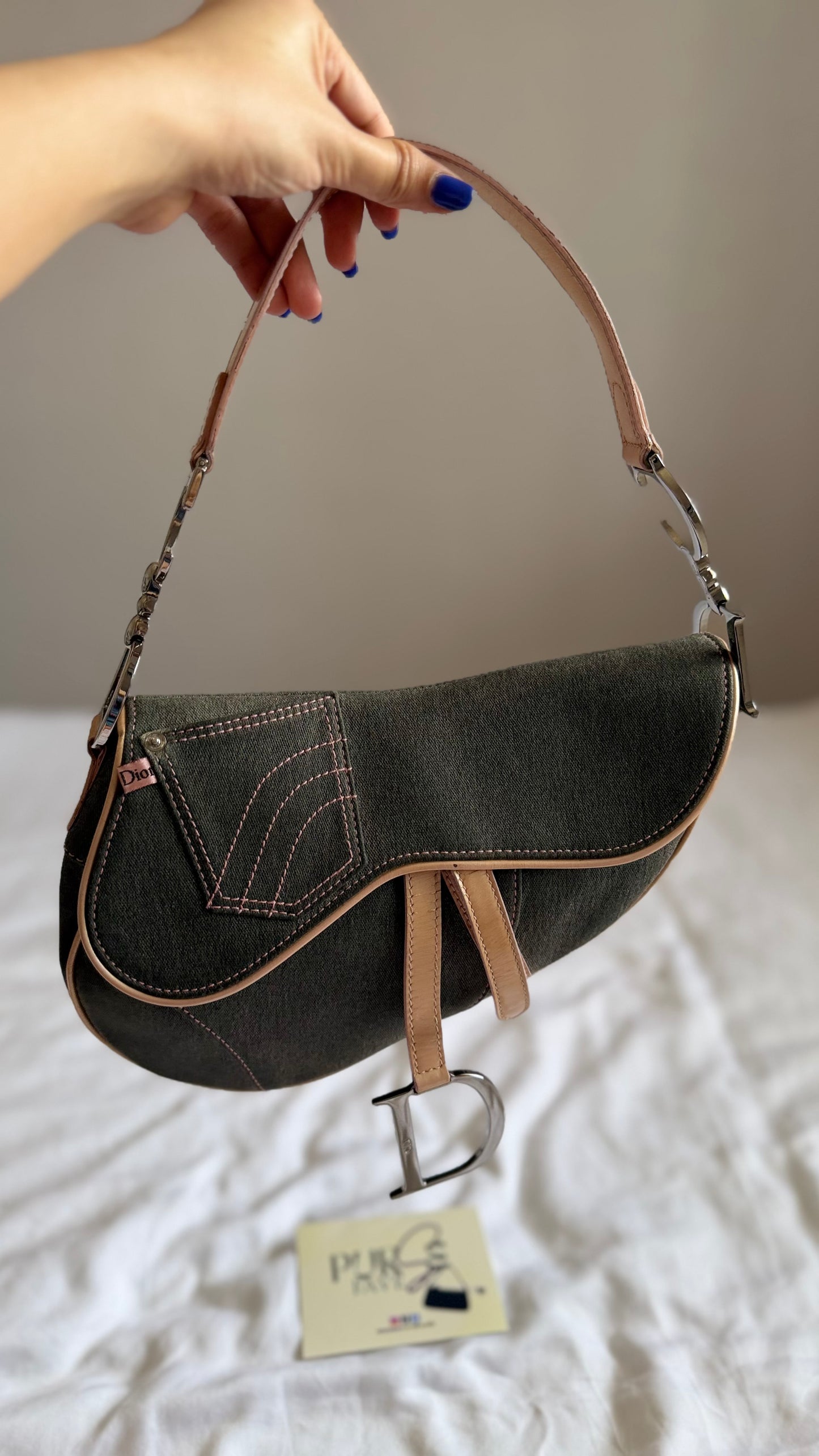 Authentic Vintage CHRISTIAN DIOR Dark Grey Denim with Pocket Saddle Shoulder Bag