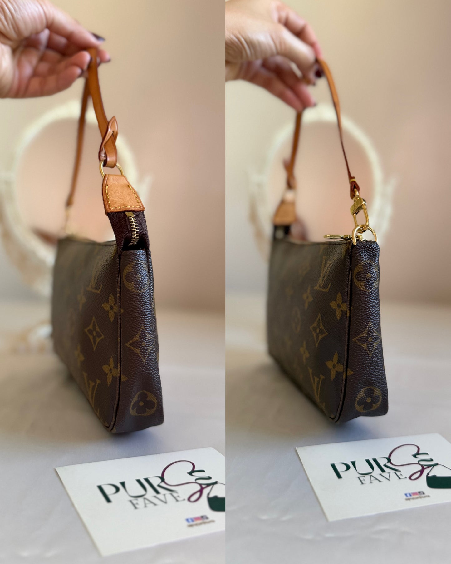 Authentic LOUIS VUITTON Pochette Accessoire Clutch Brown Monogram Canvas Leather Shoulder Bag