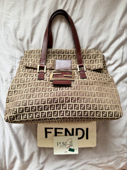 Authentic FENDI Beige / Brown Zucchino Canvas Accordion Large Shopper Tote Bag