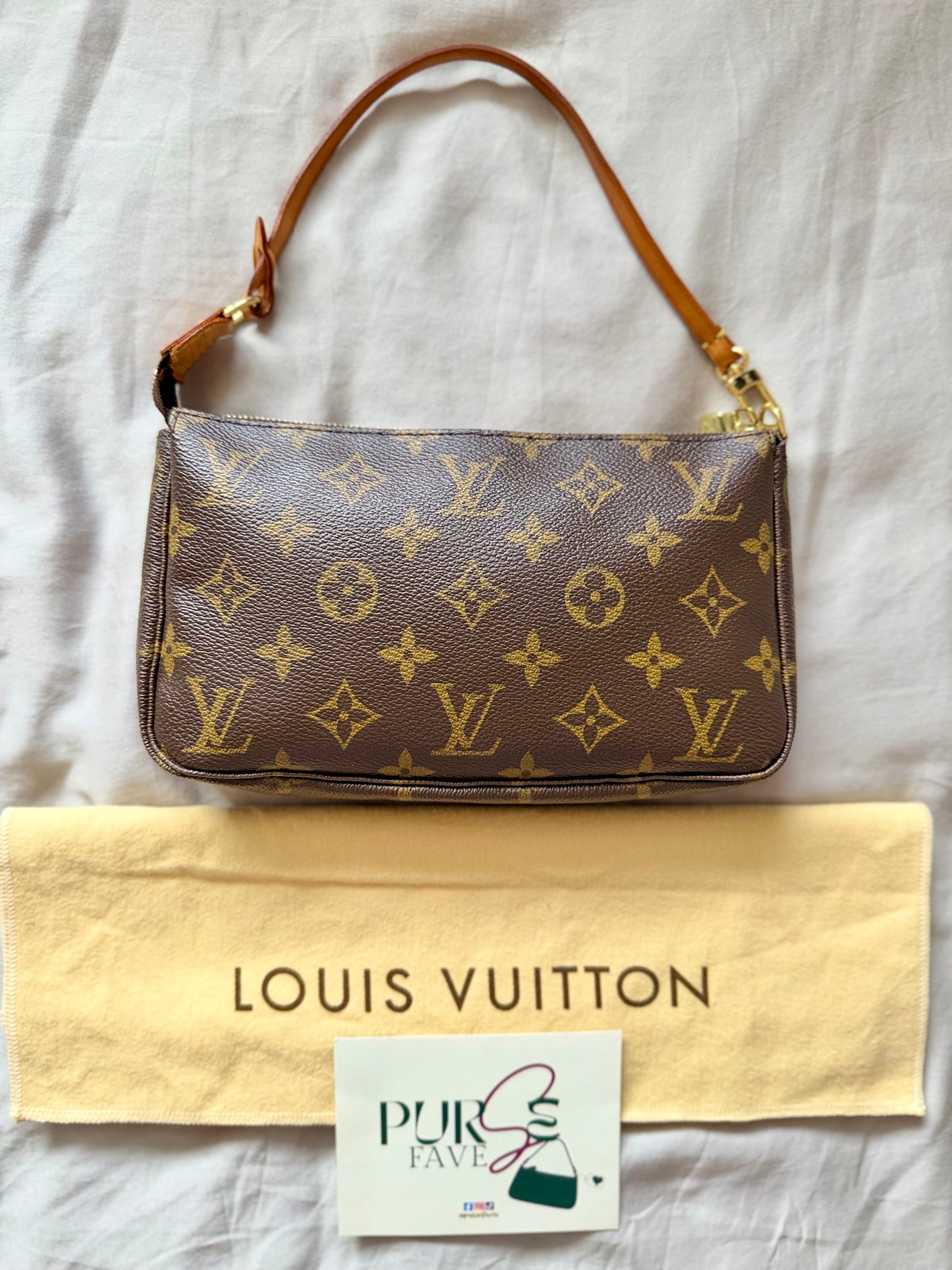 Authentic LOUIS VUITTON Pochette Accessoire Clutch Brown Monogram Canvas Leather Shoulder Bag