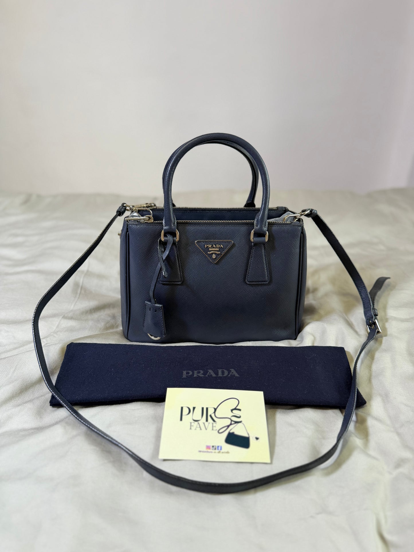 Authentic PRADA Saffiano Lux Galleria Navy Blue Mini Double Zip Tote Crossbody