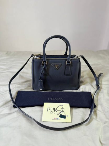 Authentic PRADA Saffiano Lux Galleria Navy Blue Mini Double Zip Tote Crossbody