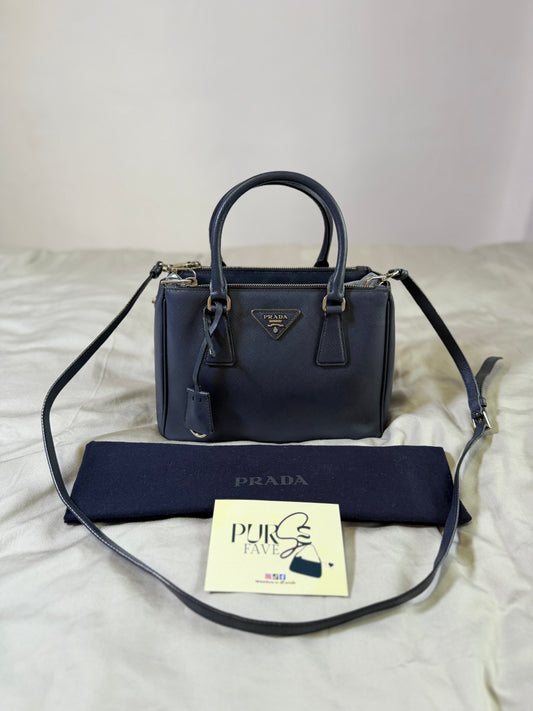 Authentic PRADA Saffiano Lux Galleria Navy Blue Mini Double Zip Tote Crossbody