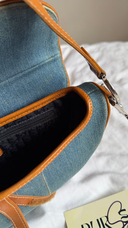 Authentic Vintage Christian Dior Light Blue Denim Saddle Shoulder Bag w/ Embroidered Floral & Butterfly Motifs