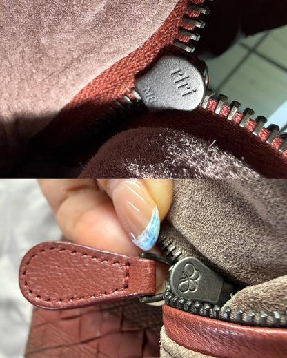 Authentic Vintage Bottega Veneta Burgundy Intrecciato Woven Nappa Leather Embroidered Large Hobo Bag