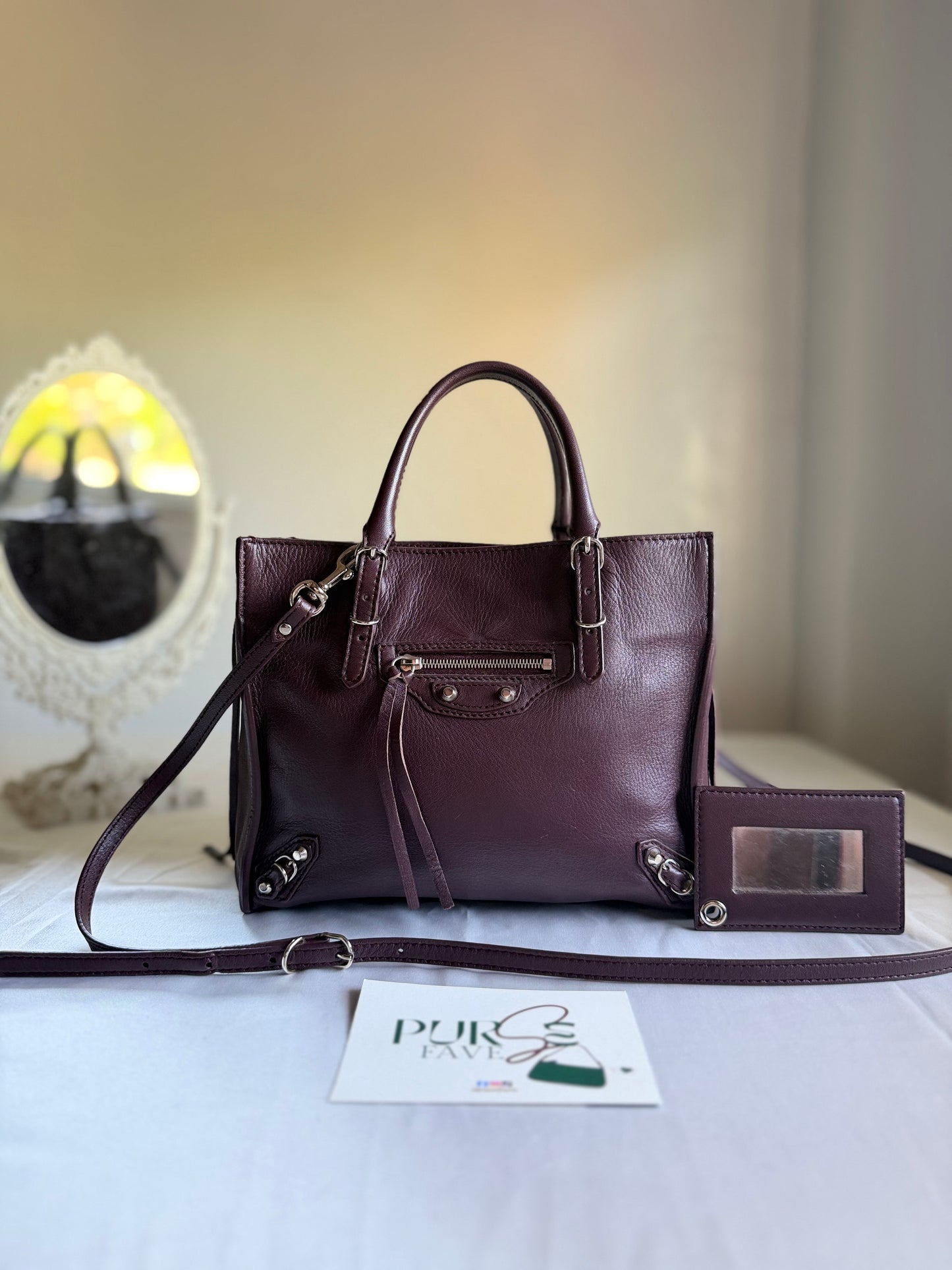 Authentic BALENCIAGA Burgundy Wine Calfskin Leather Mini Papier A4 Magnet Tote Bag