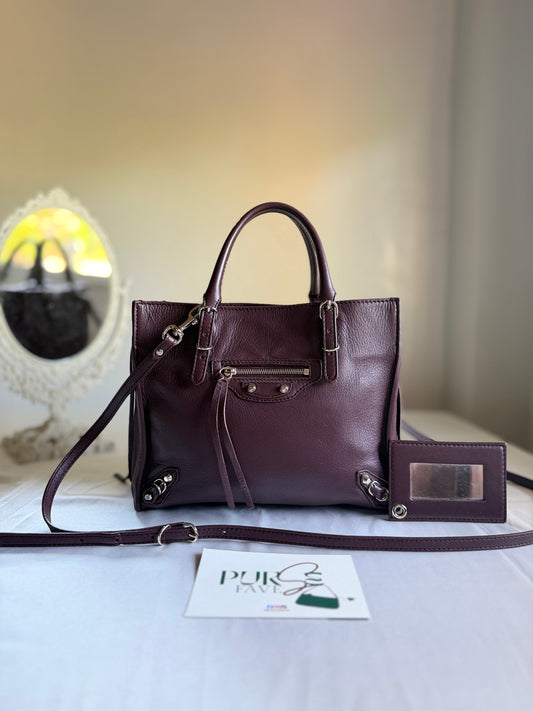 Authentic BALENCIAGA Burgundy Wine Calfskin Leather Mini Papier A4 Magnet Tote Bag