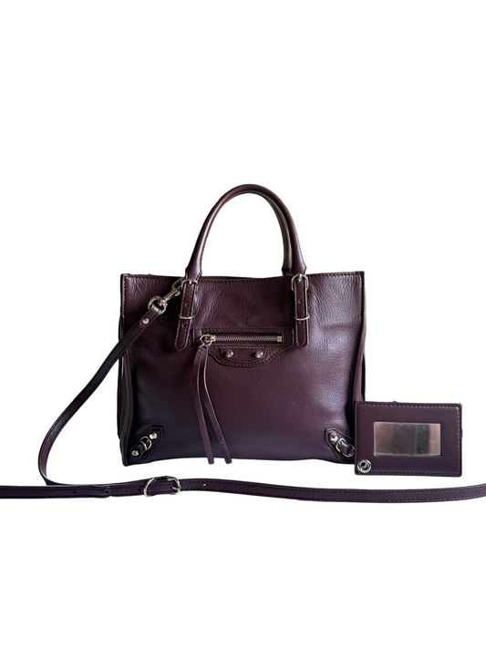 Authentic BALENCIAGA Burgundy Wine Calfskin Leather Mini Papier A4 Magnet Tote Bag