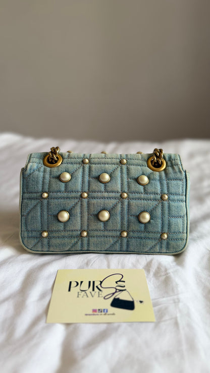Authentic Gucci GG Marmont Matelassé Pearl Studded Blue Denim Shoulder Crossbody Bag