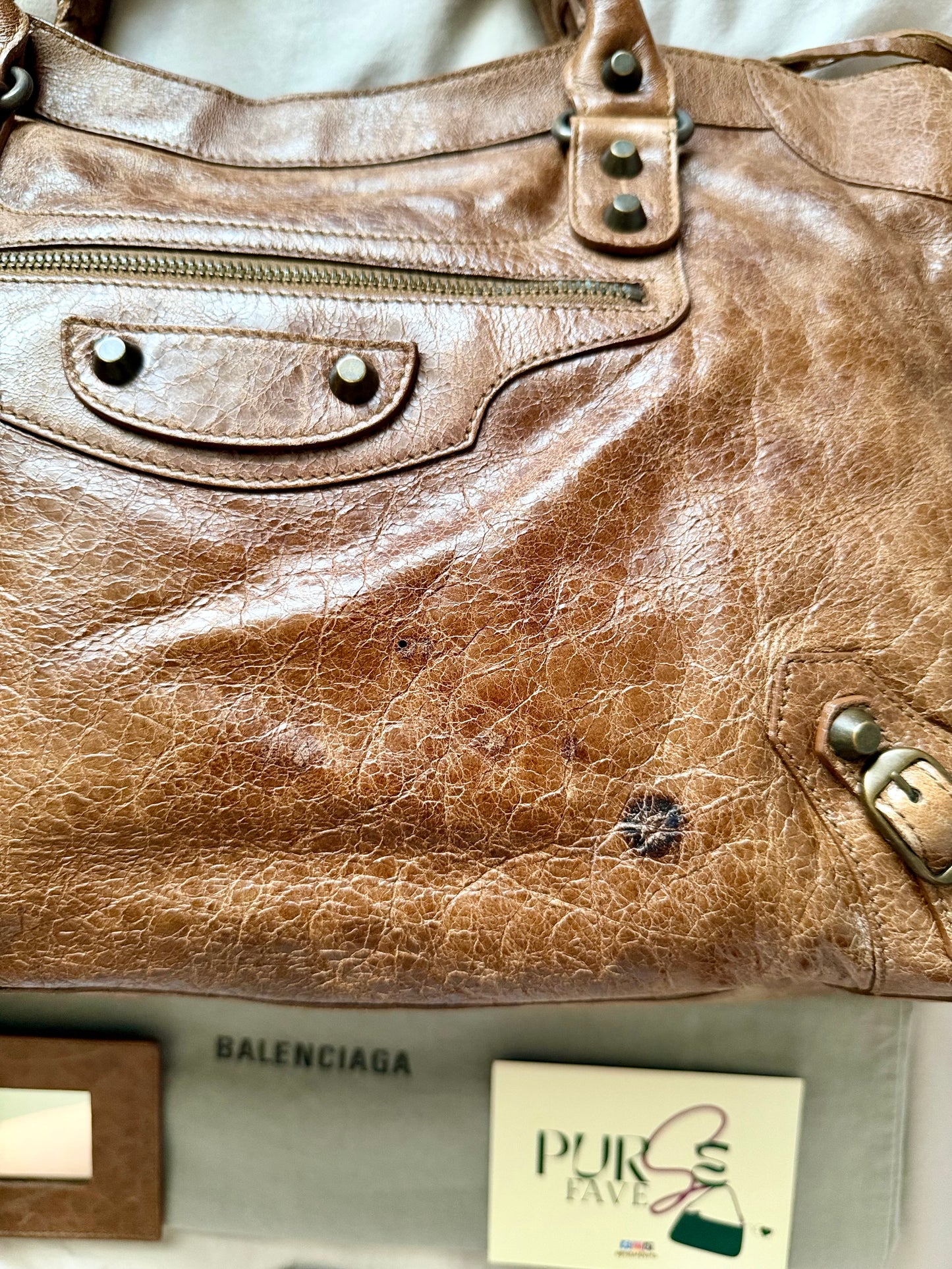 Authentic BALENCIAGA Motocross Classic City Glazed Brown Lambskin Leather Bag
