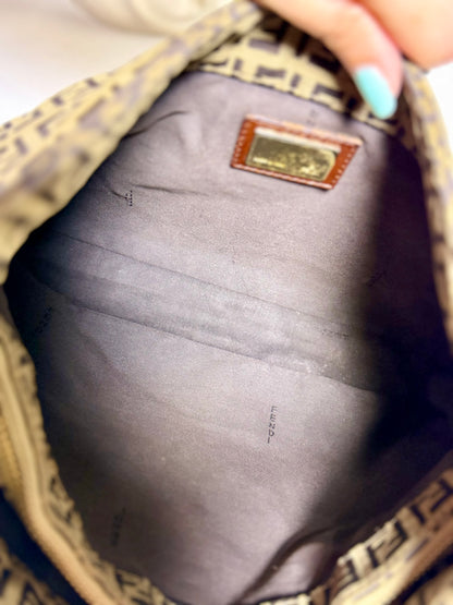 Authentic FENDI Beige / Brown Zucchino Canvas Hobo Trimmed Mamma Baguette Shoulder Bag