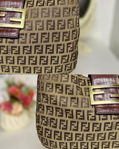 Authentic FENDI Beige / Brown Zucchino Canvas Hobo Trimmed Mamma Baguette Shoulder Bag