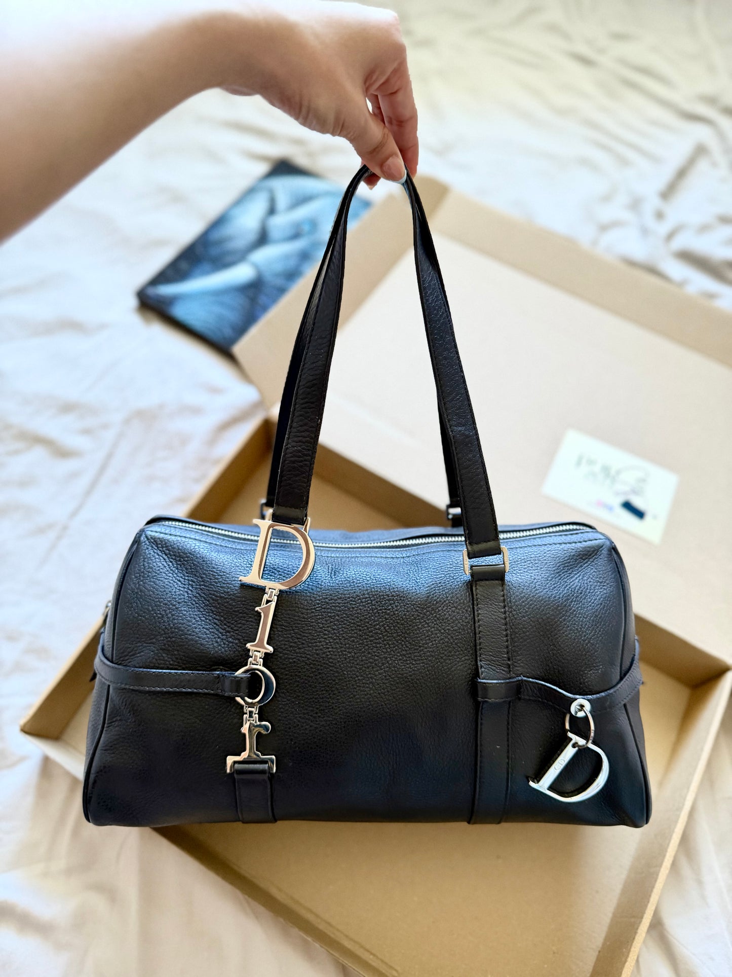 Authentic CHRISTIAN DIOR Spellout D-Charm Black Leather Bowler Boston Shoulder Bag