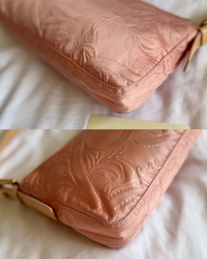 Authentic Vintage Fendi Baguette Pink Silk 3D Embossed Floral Swirl Pattern