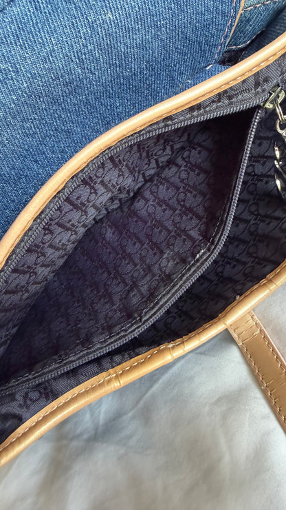 Authentic Vintage Christian Dior Light Blue Denim with Pocket Saddle Shoulder Bag