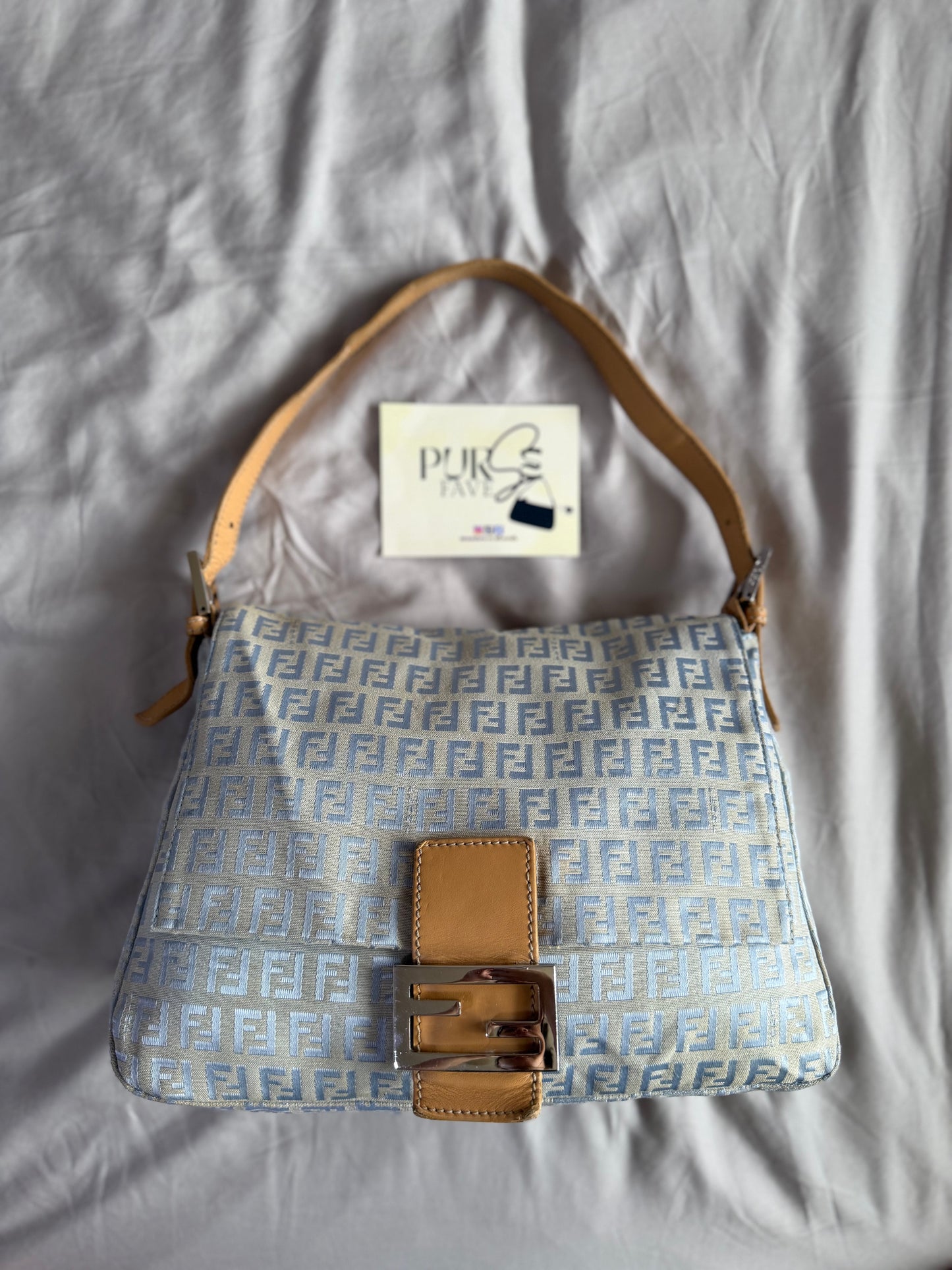 Authentic Vintage Fendi Light Blue Zucchino Canvas Mamma Baguette Shoulder Bag