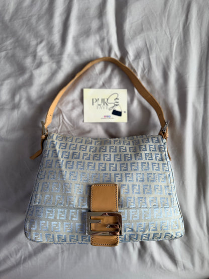 Authentic Vintage Fendi Light Blue Zucchino Canvas Mamma Baguette Shoulder Bag