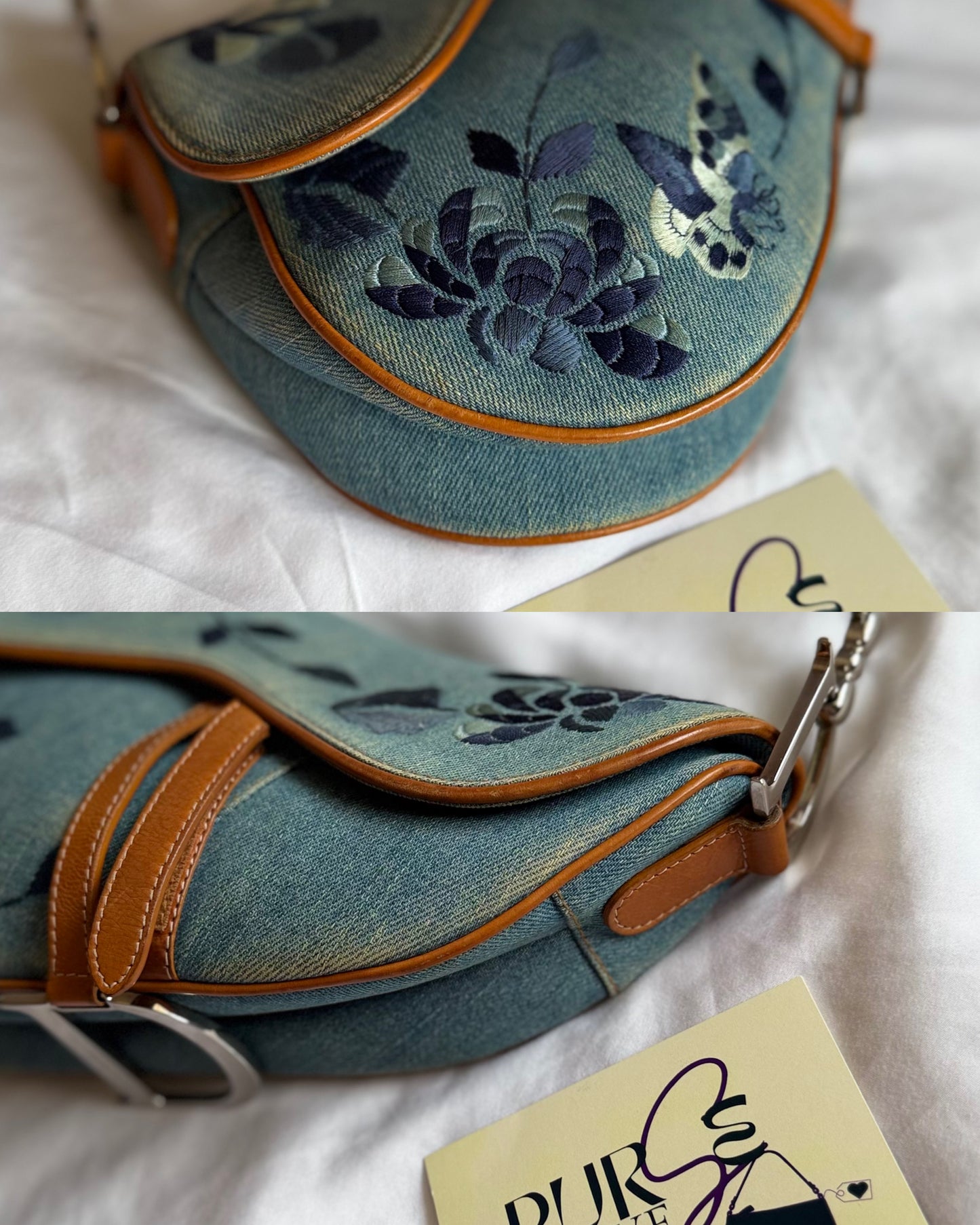 Authentic Vintage Christian Dior Light Blue Denim Saddle Shoulder Bag w/ Embroidered Floral & Butterfly Motifs