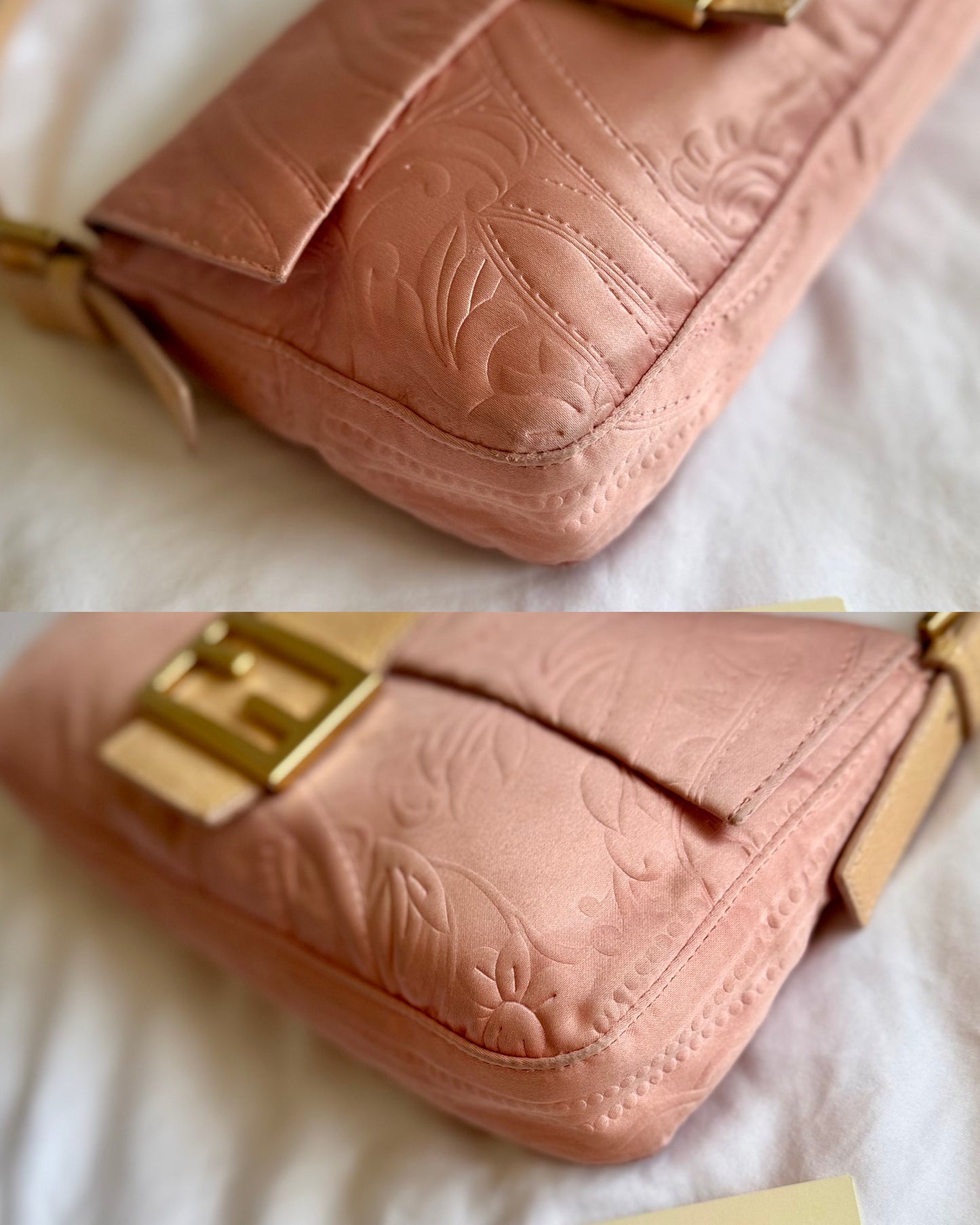 Authentic Vintage Fendi Baguette Pink Silk 3D Embossed Floral Swirl Pattern