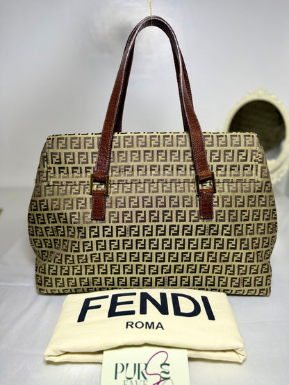 Authentic FENDI Beige / Brown Zucchino Canvas Accordion Large Shopper Tote Bag