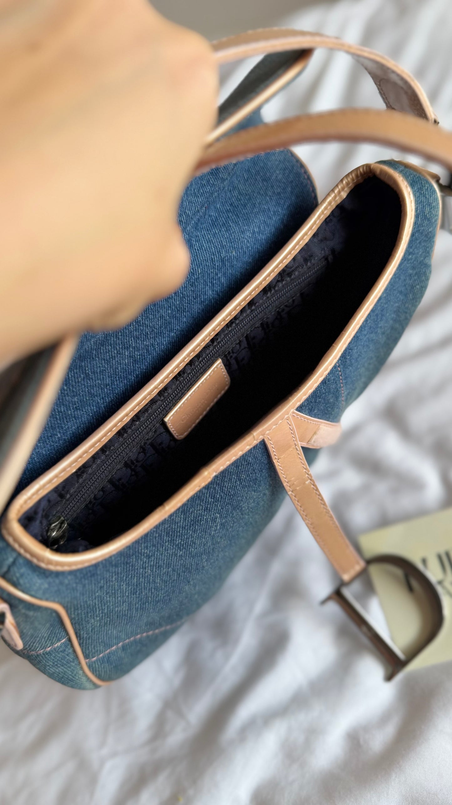 Authentic Vintage Christian Dior Light Blue Denim with Pocket Saddle Shoulder Bag
