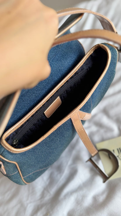 Authentic Vintage Christian Dior Light Blue Denim with Pocket Saddle Shoulder Bag