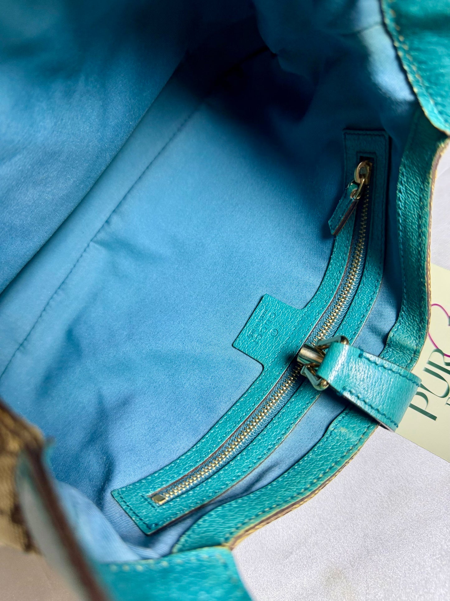 Authentic GUCCI Jackie 1961 Medium Beige GG Canvas x Teal Leather Trims Hobo Shoulder Bag