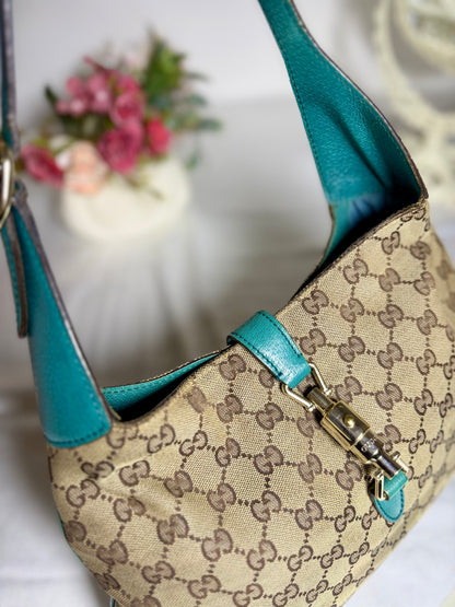 Authentic GUCCI Jackie 1961 Medium Beige GG Canvas x Teal Leather Trims Hobo Shoulder Bag