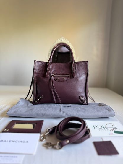 Authentic BALENCIAGA Burgundy Wine Calfskin Leather Mini Papier A4 Magnet Tote Bag