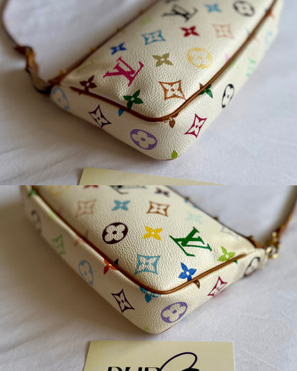 Authentic LOUIS VUITTON × TAKASHI MURAKAMI White Multicolor Pochette Shoulder Bag