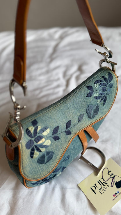 Authentic Vintage Christian Dior Light Blue Denim Saddle Shoulder Bag w/ Embroidered Floral & Butterfly Motifs