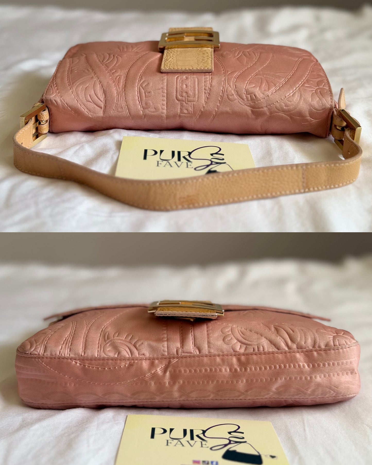 Authentic Vintage Fendi Baguette Pink Silk 3D Embossed Floral Swirl Pattern