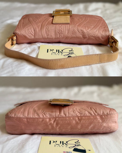 Authentic Vintage Fendi Baguette Pink Silk 3D Embossed Floral Swirl Pattern