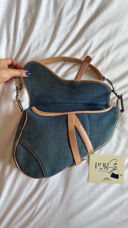Authentic Vintage Christian Dior Light Blue Denim with Pocket Saddle Shoulder Bag