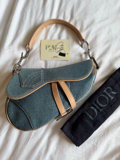 Authentic Vintage Christian Dior Light Blue Denim with Pocket Saddle Shoulder Bag