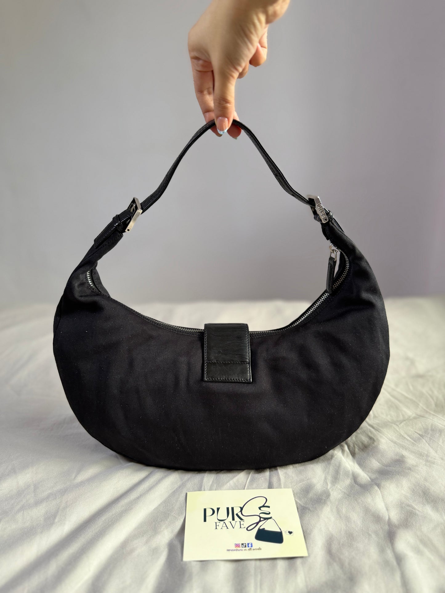 Authentic FENDI Half-Moon Croissant Black Neoprene Baguette Bag
