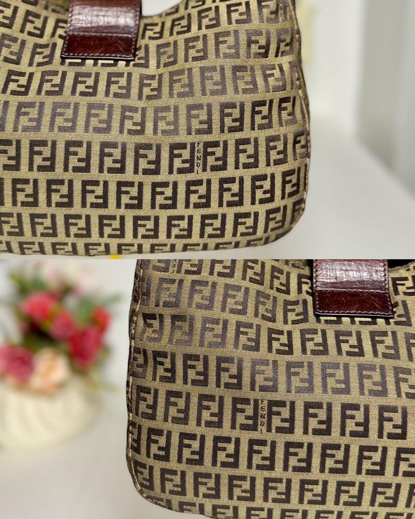 Authentic FENDI Beige / Brown Zucchino Canvas Hobo Trimmed Mamma Baguette Shoulder Bag