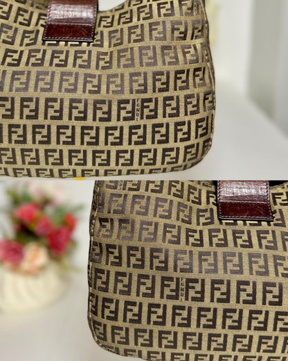 Authentic FENDI Beige / Brown Zucchino Canvas Hobo Trimmed Mamma Baguette Shoulder Bag