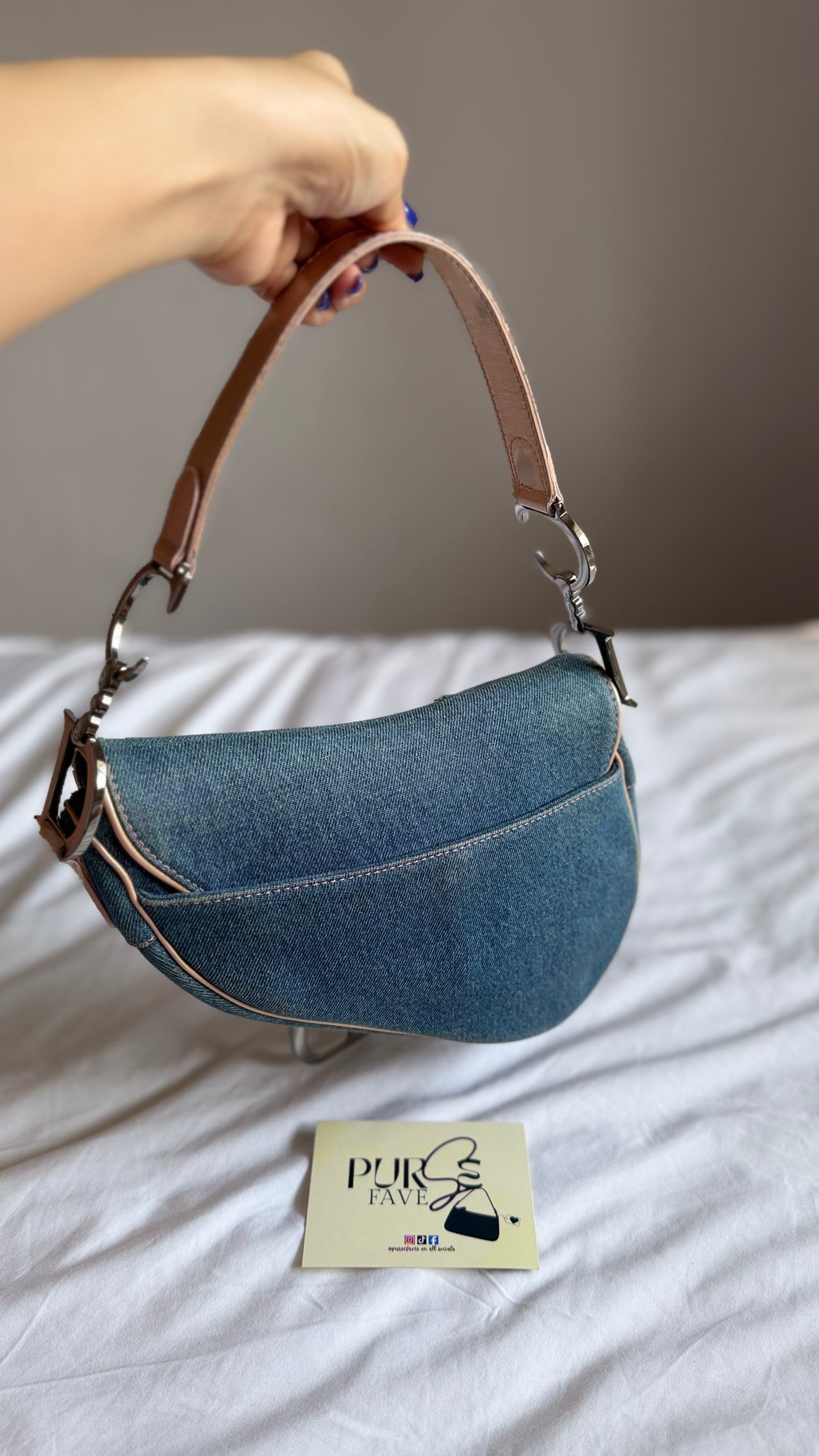 Authentic Vintage Christian Dior Light Blue Denim with Pocket Saddle Shoulder Bag