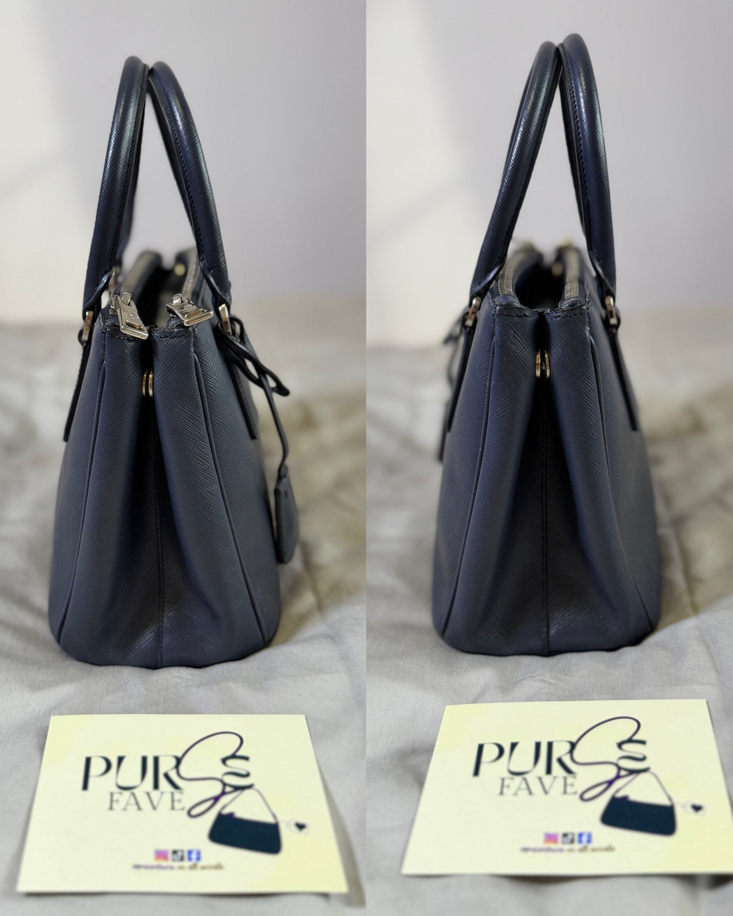 Authentic PRADA Saffiano Lux Galleria Navy Blue Mini Double Zip Tote Crossbody